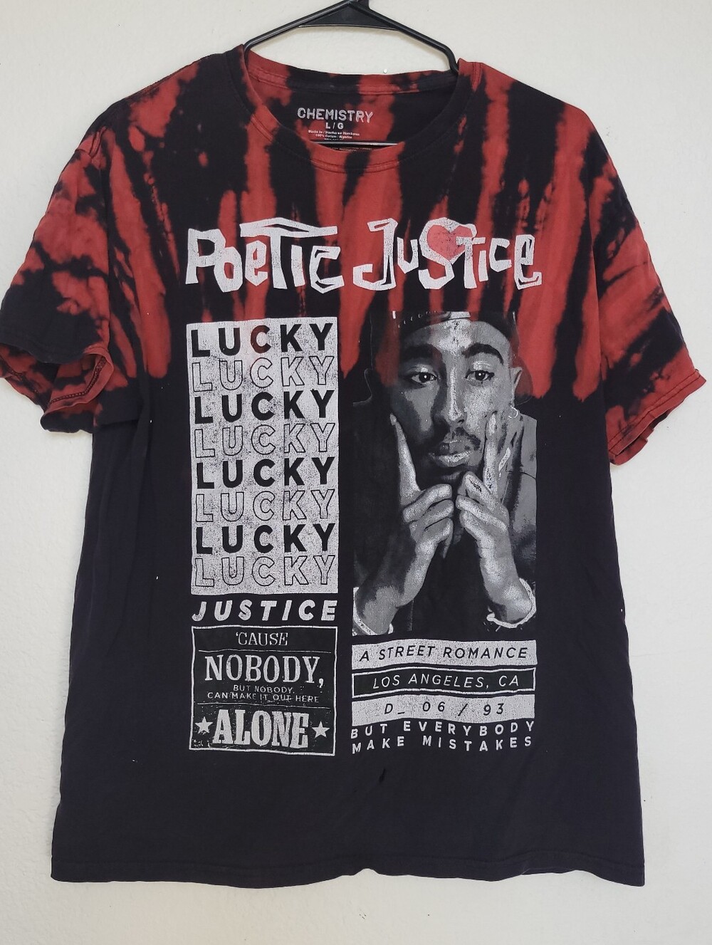 Chemistry Red and Black Tie-Dye Graphic Tee with Portrait Print of Tupac